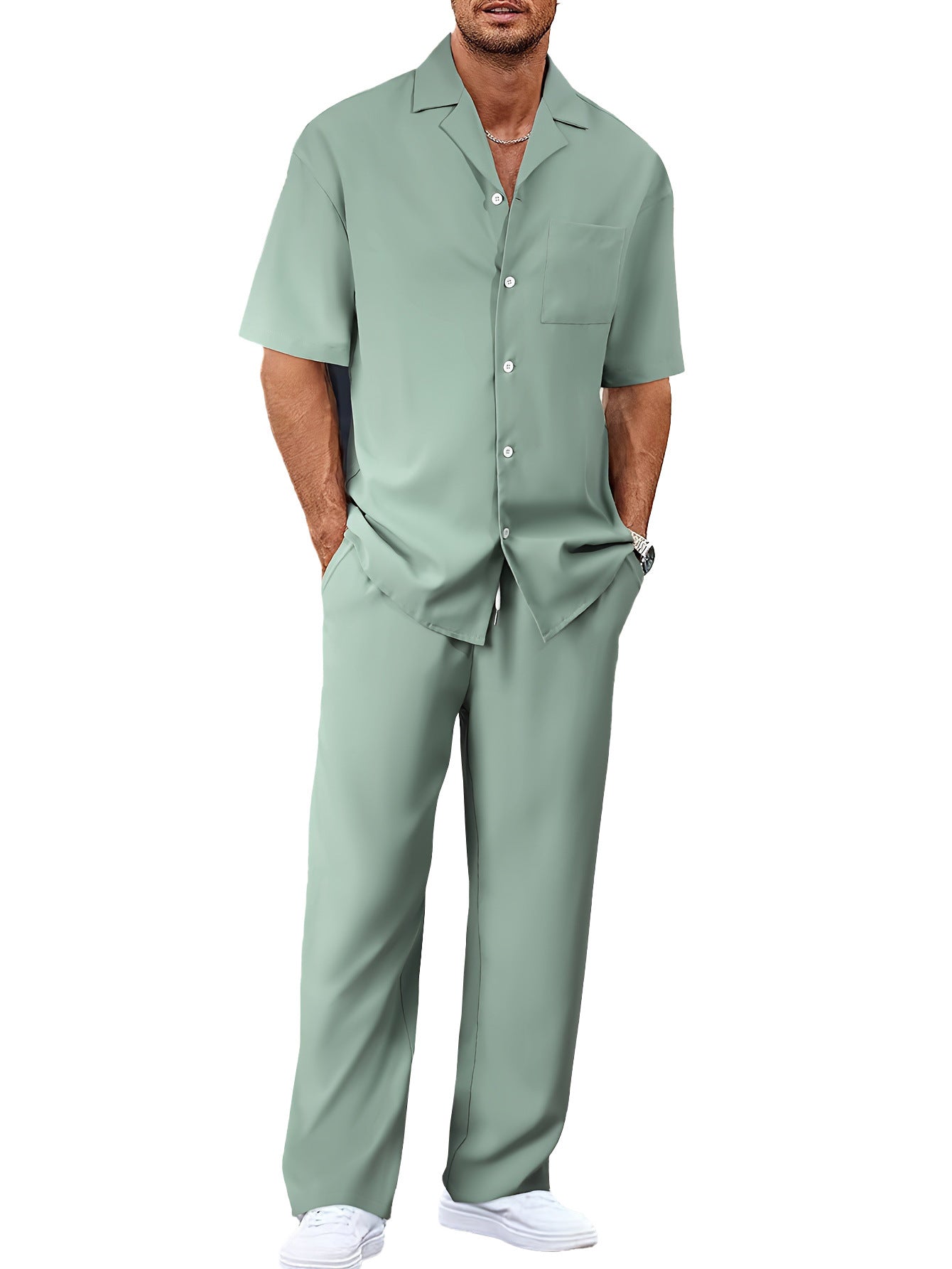 Peywa Men’s Summer Shirt & Trousers Set – Fashion Lapel Two-Piece Outfit