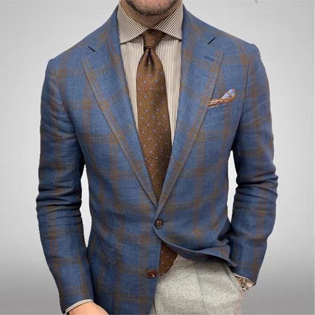 Men’s Plaid Lapel Suit Coat – Long Sleeve Business Blazer