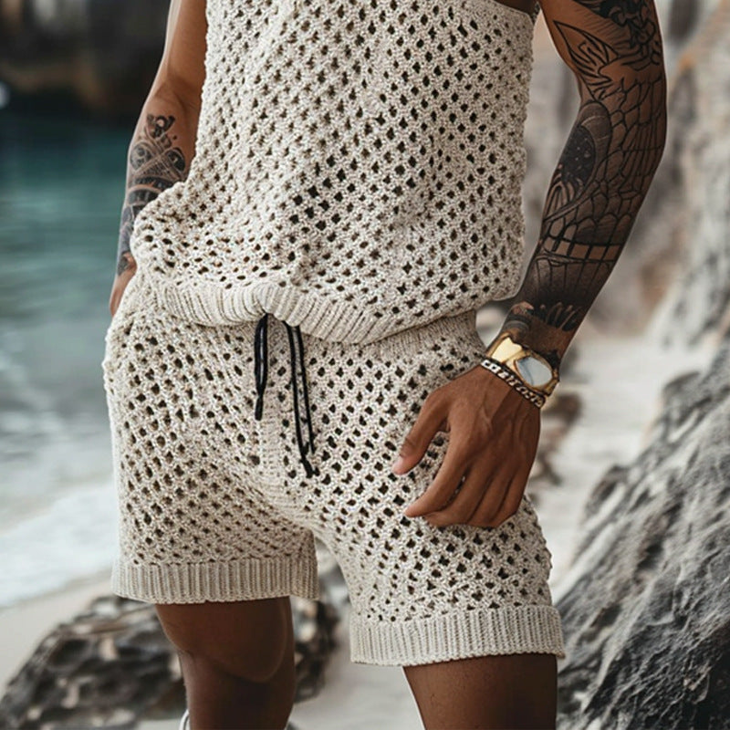 Men’s Vertical Pattern Suit – Slim Lapel Short Sleeve Shirt & Shorts