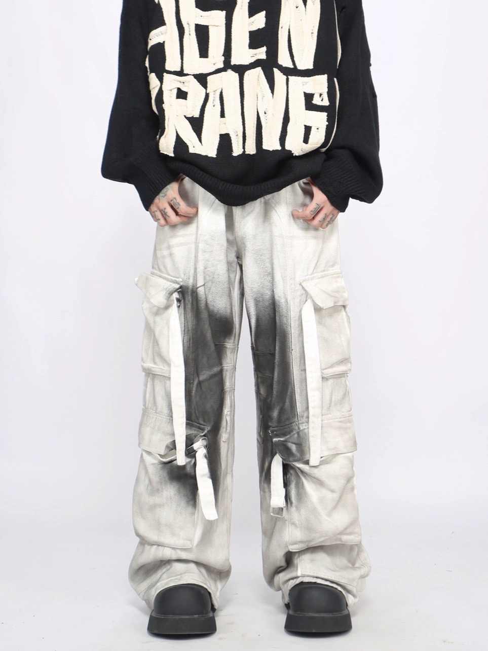 Peywa Men’s Splash Ink Cargo Pants – Loose Straight Multi-Pocket Trousers