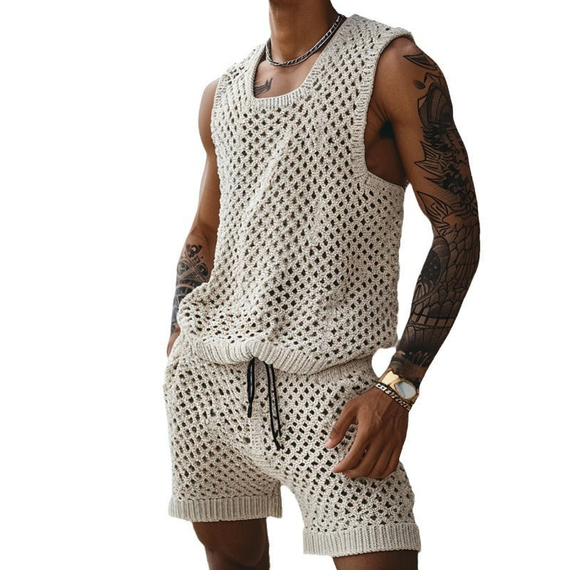Men’s Vertical Pattern Suit – Slim Lapel Short Sleeve Shirt & Shorts