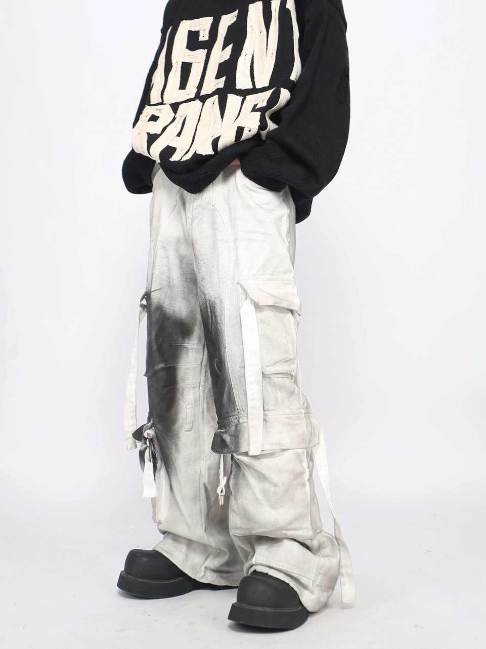 Peywa Men’s Splash Ink Cargo Pants – Loose Straight Multi-Pocket Trousers