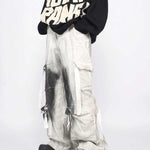 Peywa Men’s Splash Ink Cargo Pants – Loose Straight Multi-Pocket Trousers