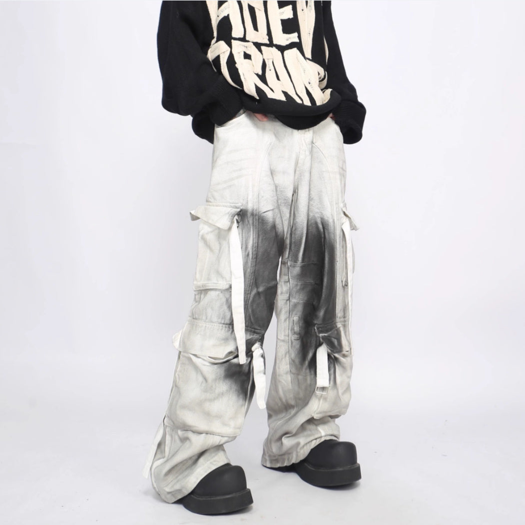 Peywa Men’s Splash Ink Cargo Pants – Loose Straight Multi-Pocket Trousers