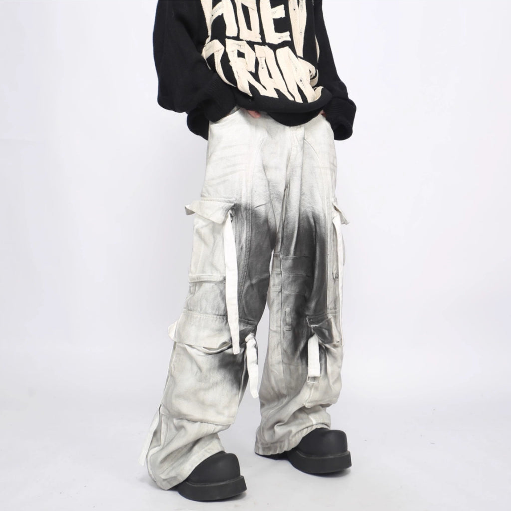 Peywa Men’s Splash Ink Cargo Pants – Loose Straight Multi-Pocket Trousers