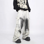 Peywa Men’s Splash Ink Cargo Pants – Loose Straight Multi-Pocket Trousers