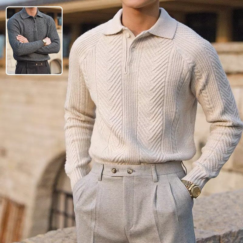 Peywa Men’s Lapel Knitted Winter Sweater – Slim Fit Pullover Top