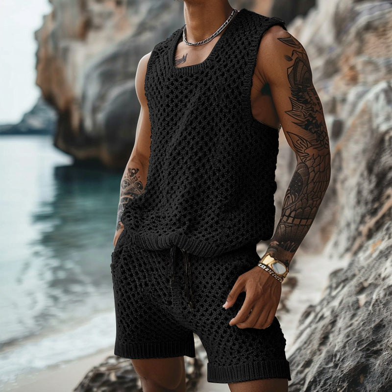 Men’s Vertical Pattern Suit – Slim Lapel Short Sleeve Shirt & Shorts