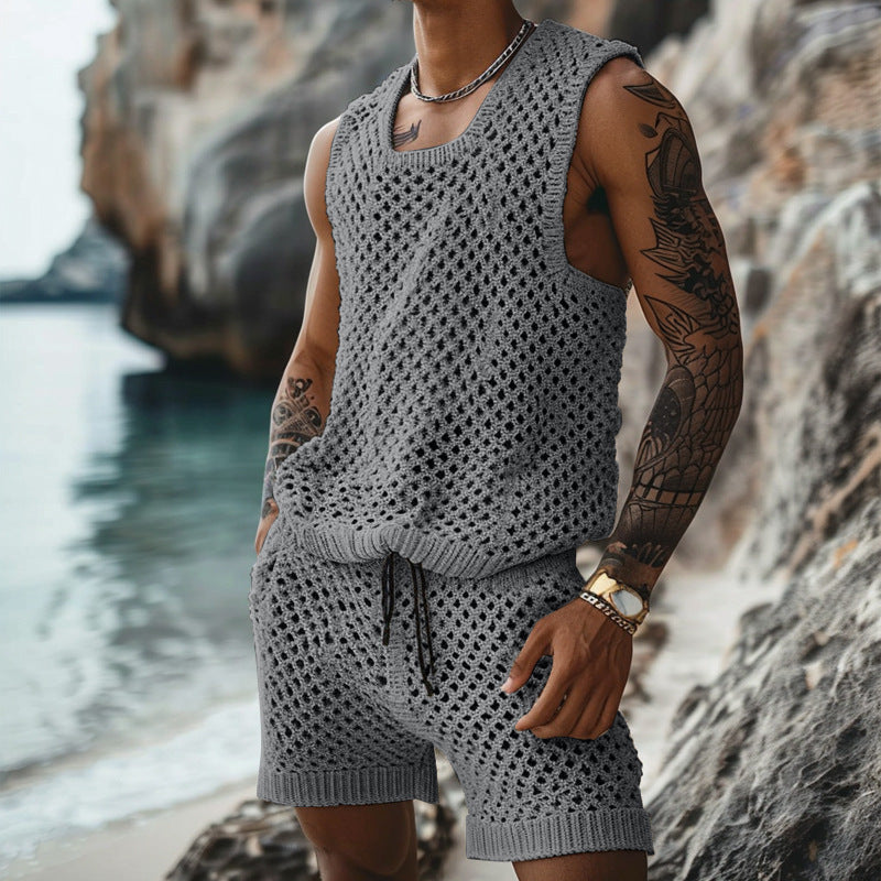Men’s Vertical Pattern Suit – Slim Lapel Short Sleeve Shirt & Shorts