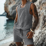 Men’s Vertical Pattern Suit – Slim Lapel Short Sleeve Shirt & Shorts