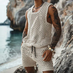 Men’s Vertical Pattern Suit – Slim Lapel Short Sleeve Shirt & Shorts