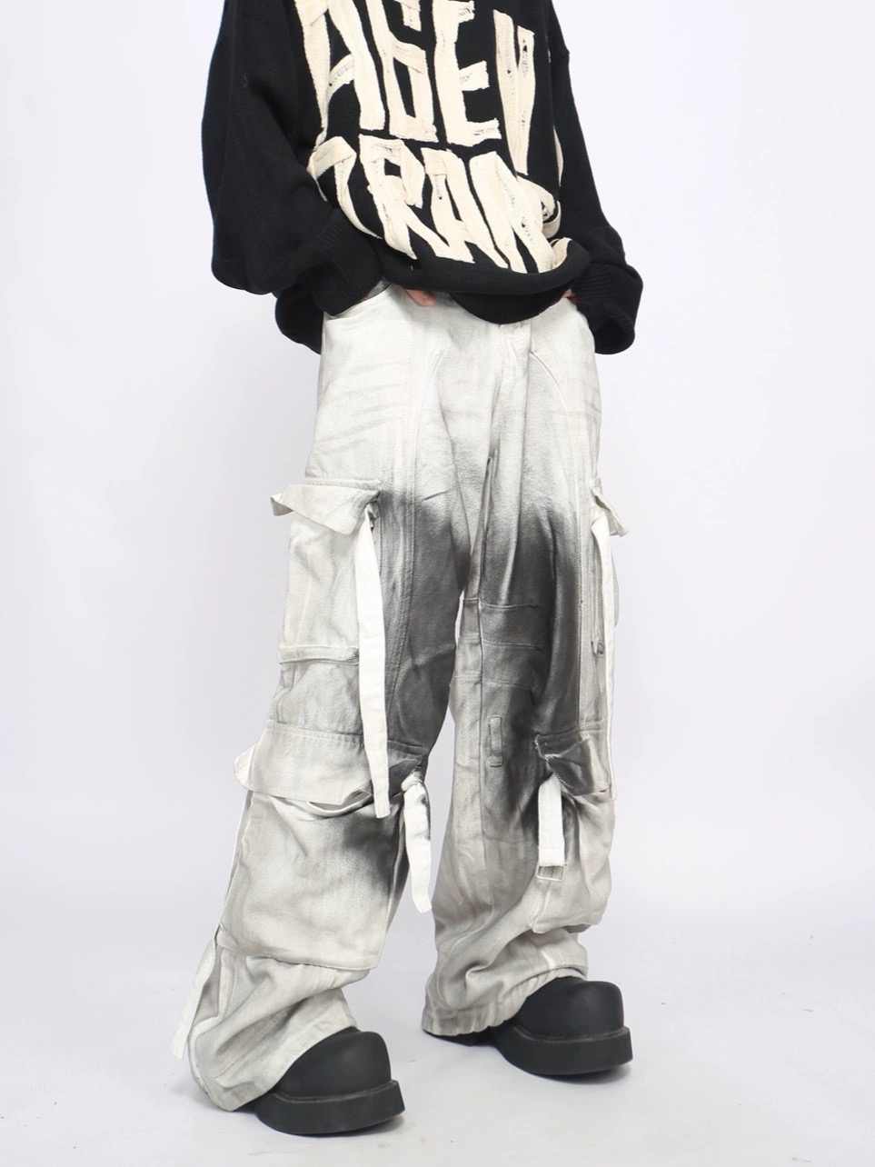 Peywa Men’s Splash Ink Cargo Pants – Loose Straight Multi-Pocket Trousers