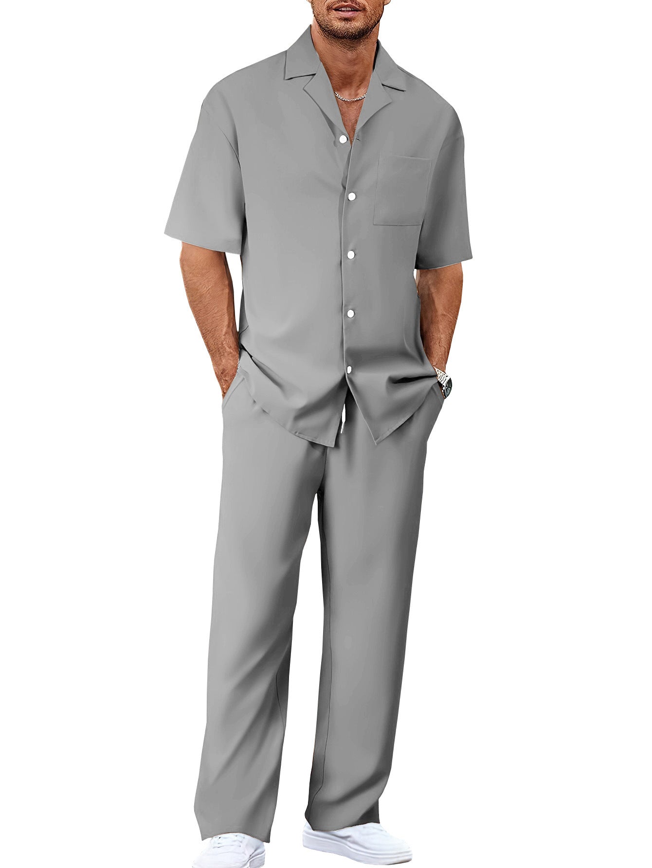 Peywa Men’s Summer Shirt & Trousers Set – Fashion Lapel Two-Piece Outfit