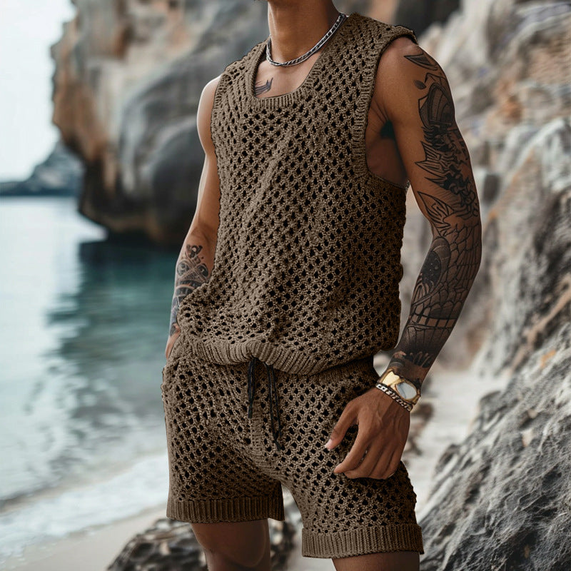 Men’s Vertical Pattern Suit – Slim Lapel Short Sleeve Shirt & Shorts