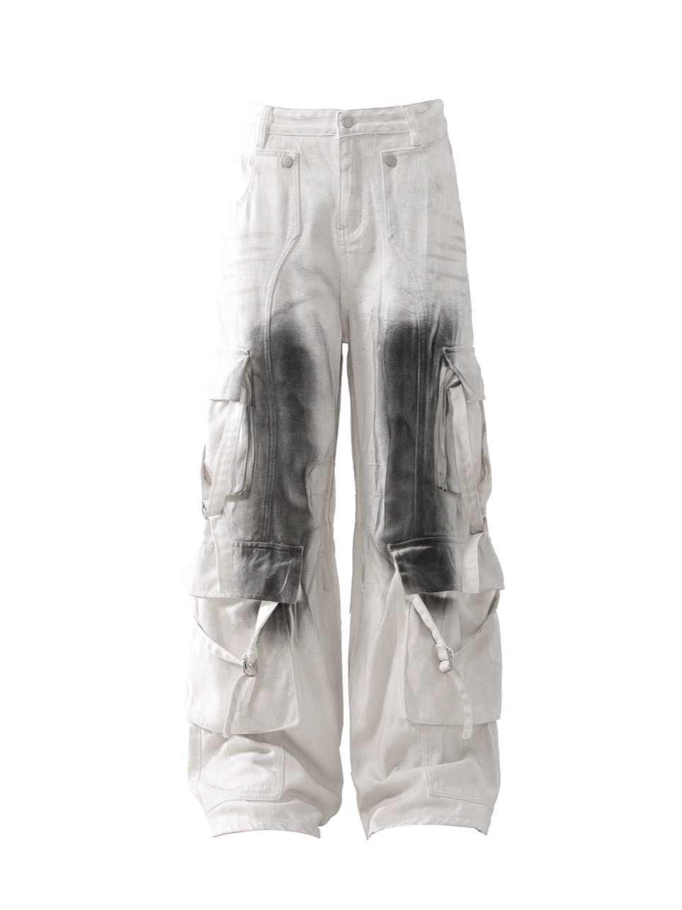 Peywa Men’s Splash Ink Cargo Pants – Loose Straight Multi-Pocket Trousers